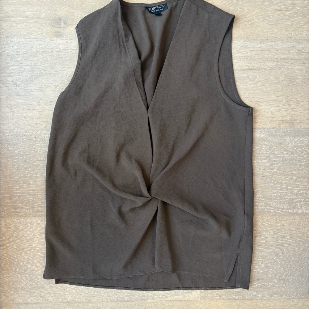 Topshop Olive / Taupe Sleeveless V Neck Blouse